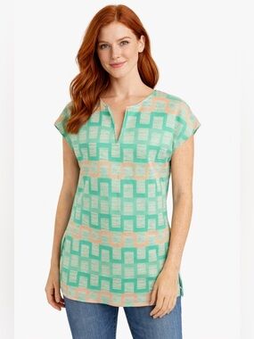 Vintage 70s Geometric Polyester Top Green Mod Tunic retro Short Sleeve Blouse